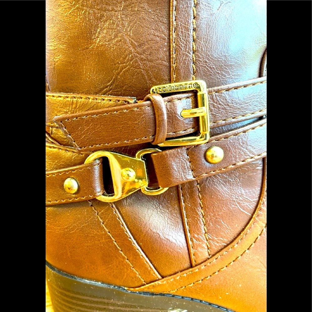 LIZ CLAIBORNE LC GOLD-BUCKLED “TORY” HEELED RIDING BOOTS - Picture 6 of 15